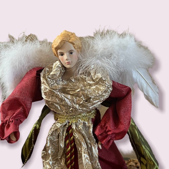 NWT 18” Christmas tree topper angel decor shimmery bows red green gold - Picture 2 of 7